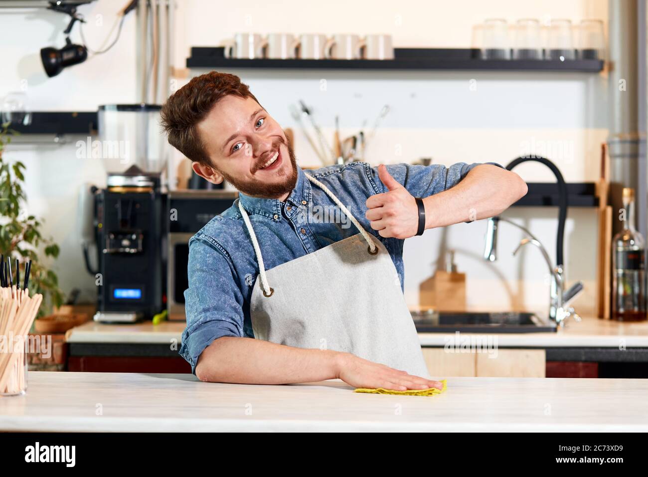 allegro. uomo ottimista con barba spessa, indossa una camicia jeans e un grembiule pulito, showa pollice su gesto, sorride gradatamente, guarda la fotocamera con volto felice Foto Stock