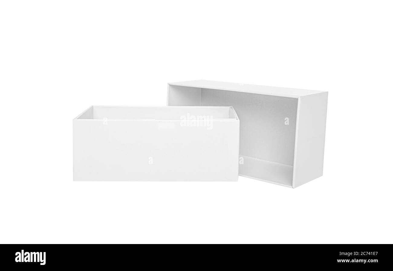 Aprire la scatola di cartone isolati su sfondo bianco Foto Stock