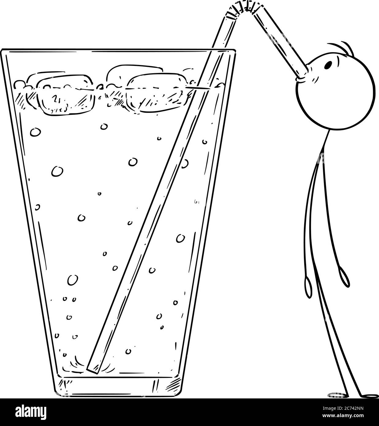 Figura del cartone vettoriale disegno illustrazione concettuale del piccolo uomo che beve limonata fredda, cocktail o bevanda con la paglia. Illustrazione Vettoriale