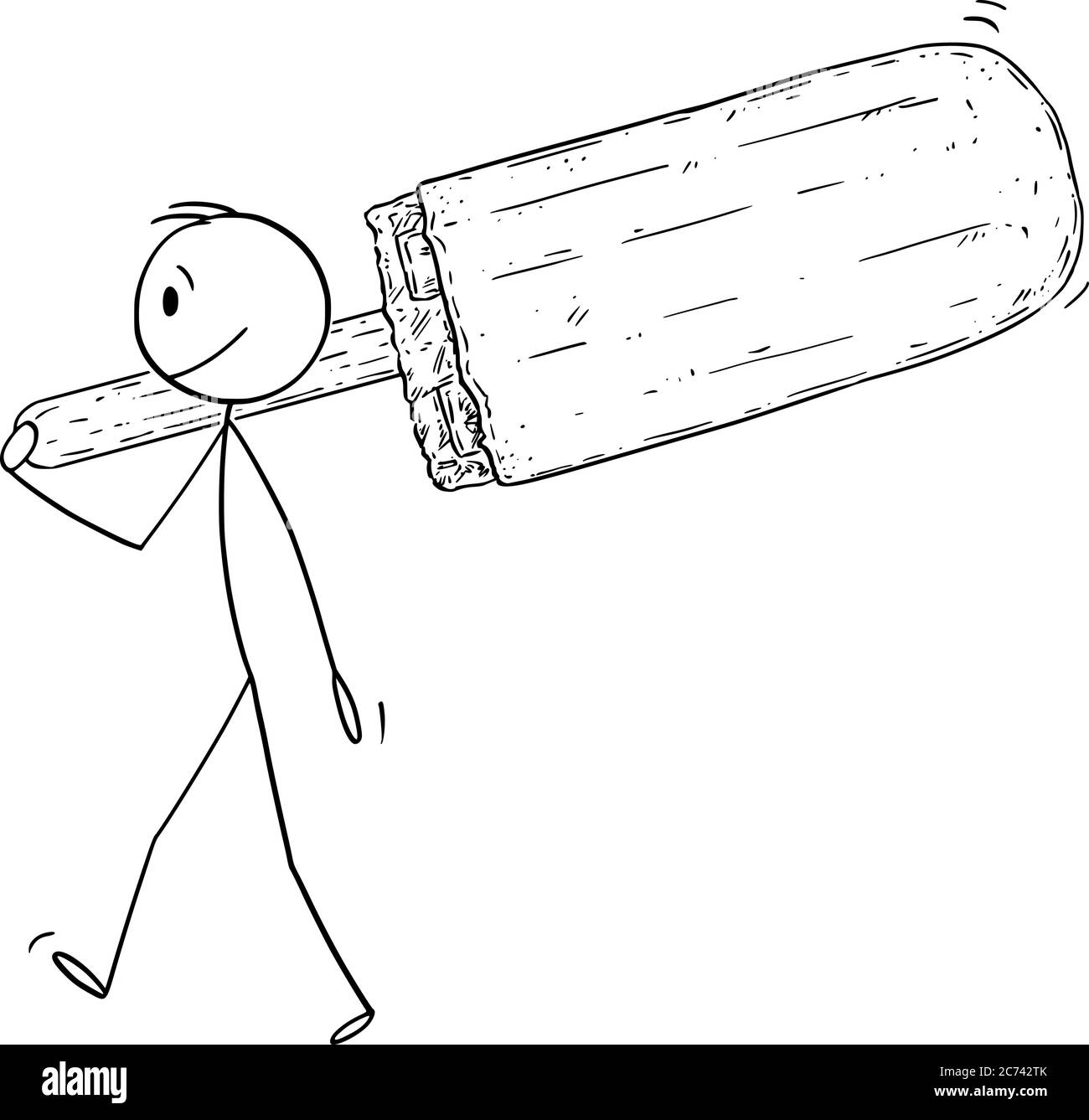 Disegno vettoriale di figura di bastone di cartoon illustrazione concettuale di piccolo uomo che tiene e porta grande popsicle o ghiaccio lolly. Illustrazione Vettoriale