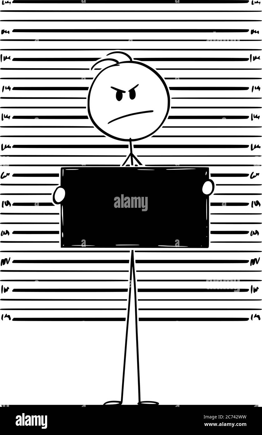 Figura del cartone vettoriale disegno di illustrazione concettuale di colpo di mugshot o di tazza o foto della polizia di un criminale arrestato che tiene un cartello, un cartello o un tavolo vuoto. Illustrazione Vettoriale