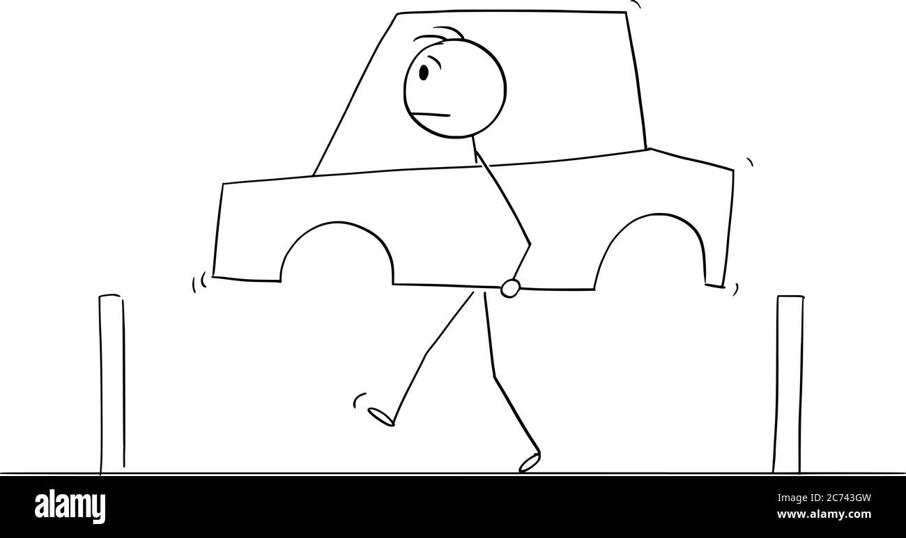 Vettore cartoon figura disegno disegno disegno concettuale di uomo che cammina sulla strada e che trasporta il concetto di auto.di ecologia, ambiente o carenza di gas o benzina. Illustrazione Vettoriale