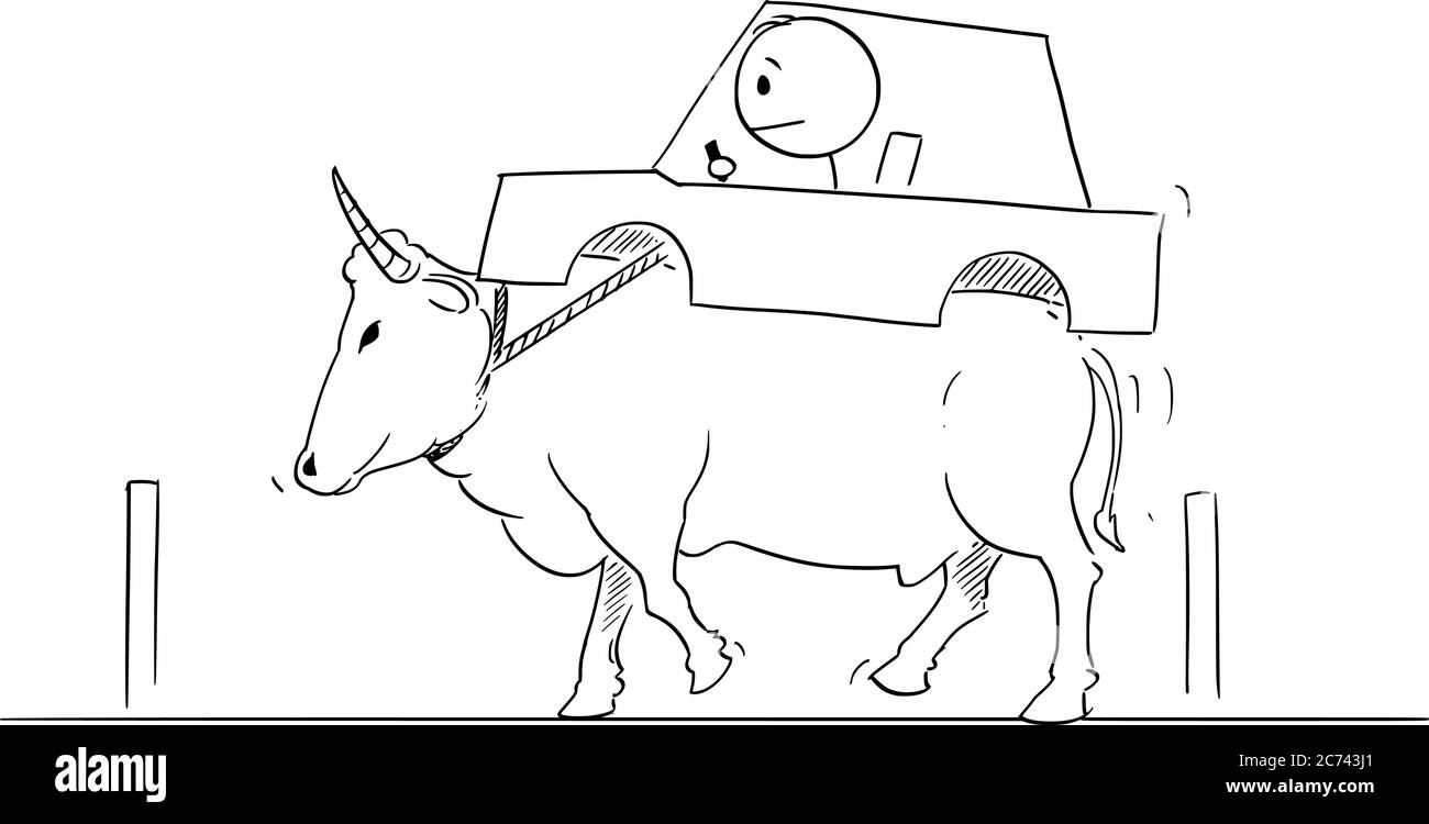 Grafico vettoriale a bastone cartoon disegno illustrazione concettuale di un uomo che guida l'auto portata sul retro di buoi o toro. Concetto di ecologia, ambiente o carenza di gas o benzina. Illustrazione Vettoriale