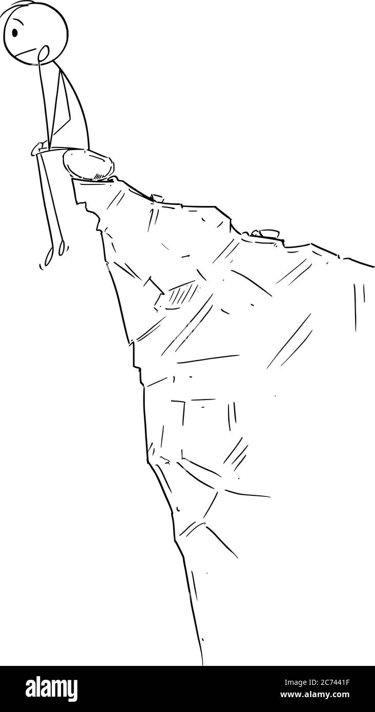Figura del cartoon vettoriale disegno illustrazione concettuale di uomo triste frustrato seduto e pensando sul bordo della scogliera o abisso. Illustrazione Vettoriale