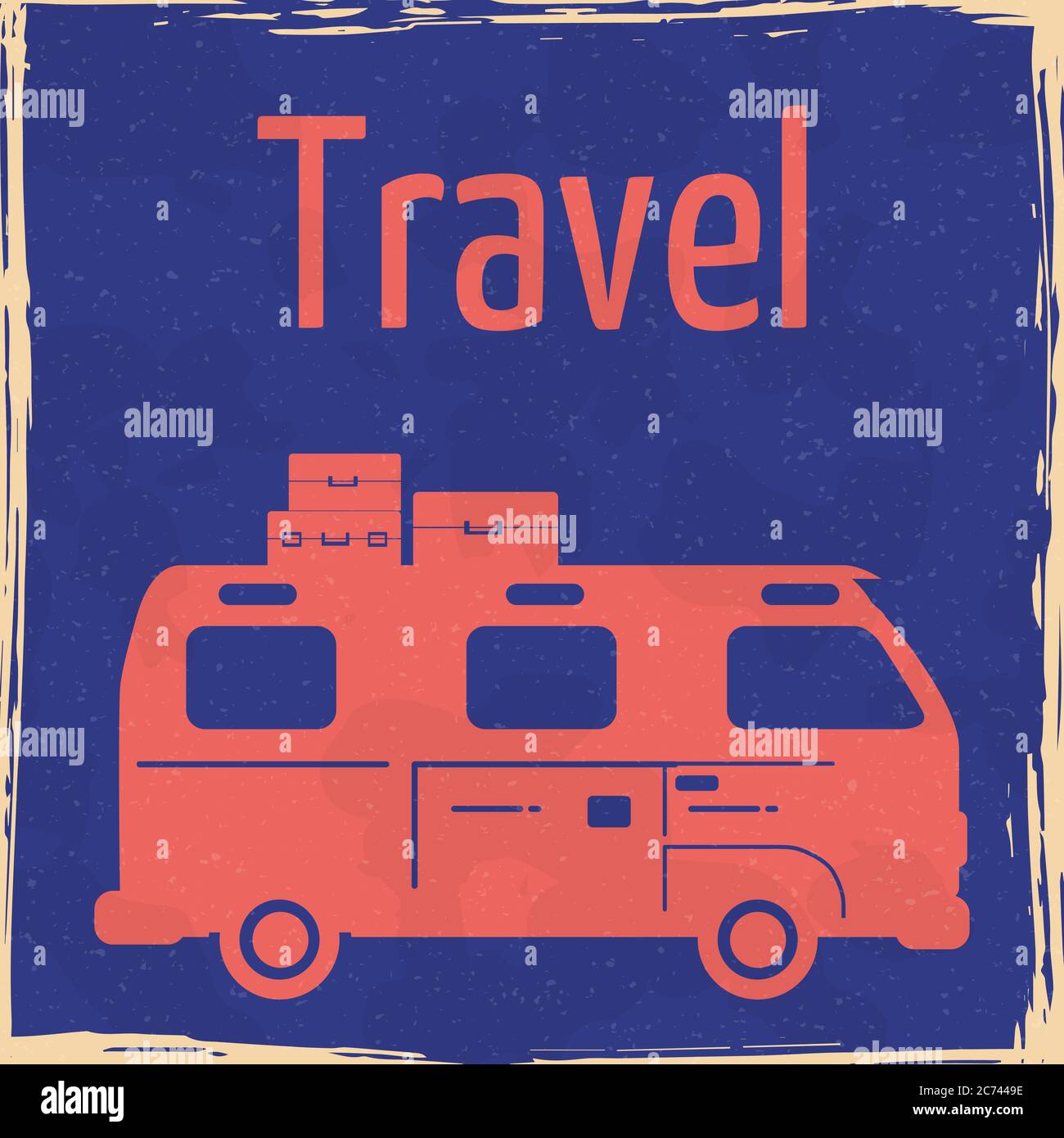 Van Camper Estate vacanza poster vintage. Carta per camion Traveler retrò effetto grunge con testo viaggio su strada. Silhouette con illustrazione vettoriale Illustrazione Vettoriale