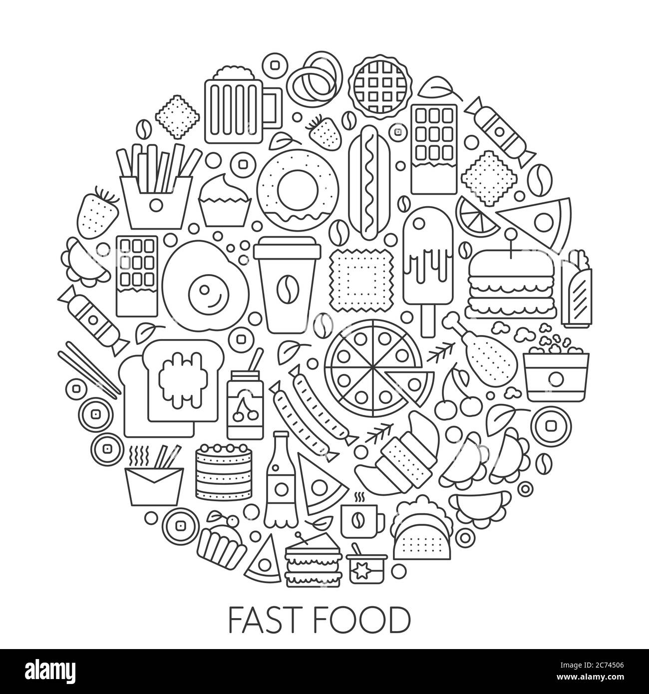 Icone fast food in cerchio - infografica di illustrazioni vettoriali per copertina, emblema, badge. Insieme di icone di contorno Illustrazione Vettoriale