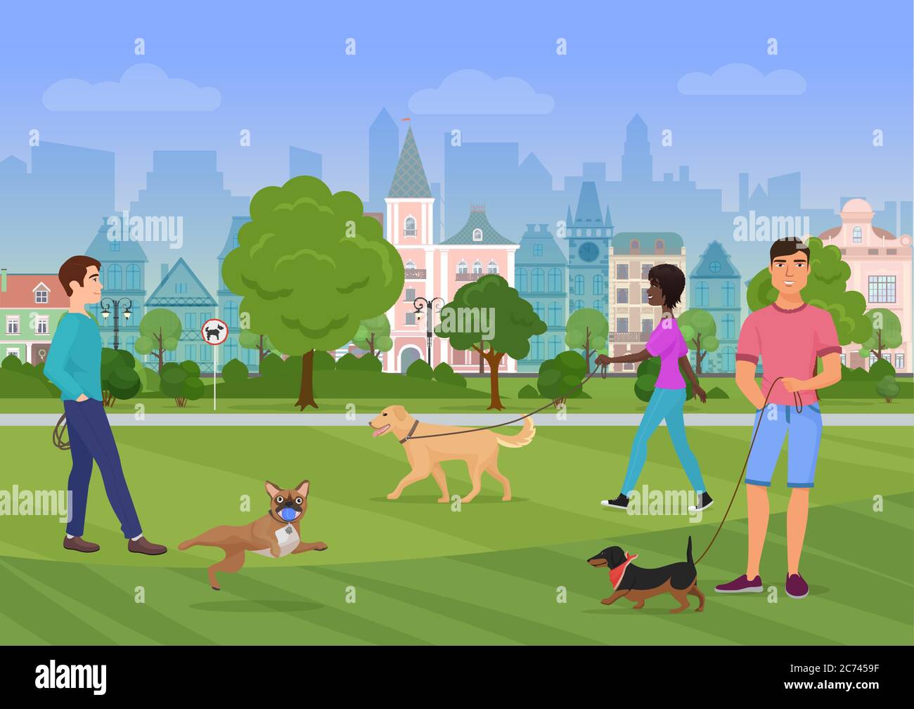 Illustrazione vettoriale delle persone che camminano con i cani nel parco cittadino. Persone amanti del cane, negozi di cani Illustrazione Vettoriale