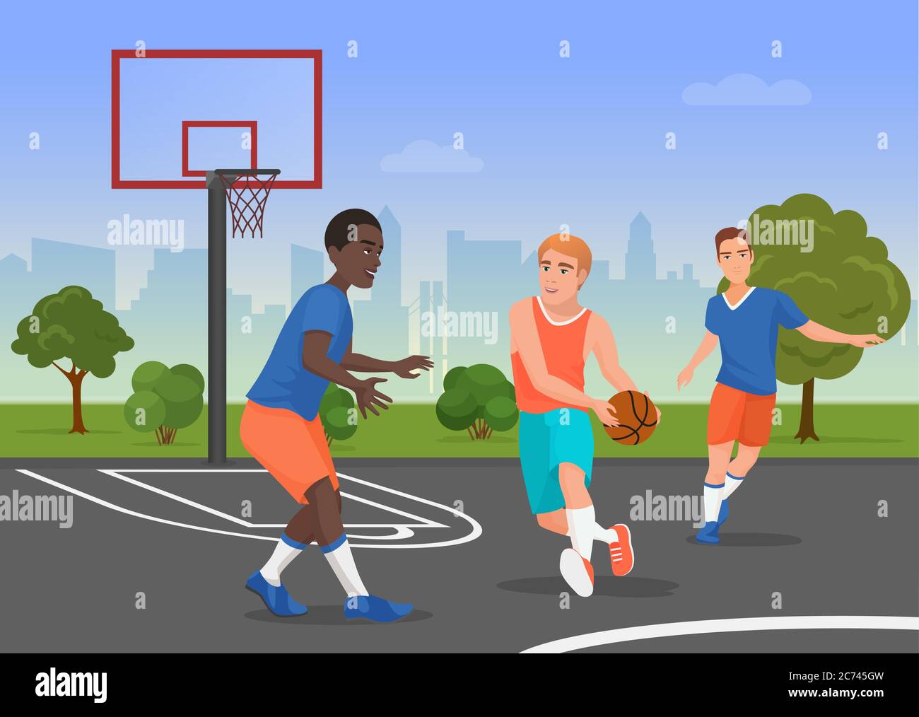 Illustrazione vettoriale di persone in bianco e nero che giocano a streetball sul parco giochi Illustrazione Vettoriale