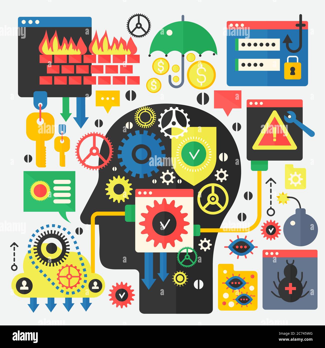 Sicurezza delle comunicazioni online, protezione dei computer e sicurezza informatica sulla sagoma del profilo della testa. Banner Web di infografiche vettoriali Illustrazione Vettoriale