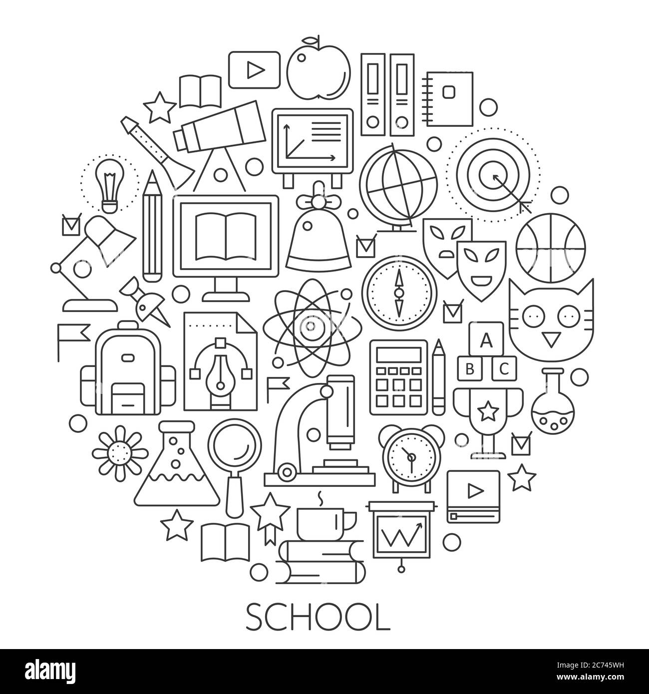 Concetto di linea rotonda per il ritorno a scuola. Poster del profilo del tratto sottile della scuola vettoriale lineare, modello per il Web Illustrazione Vettoriale