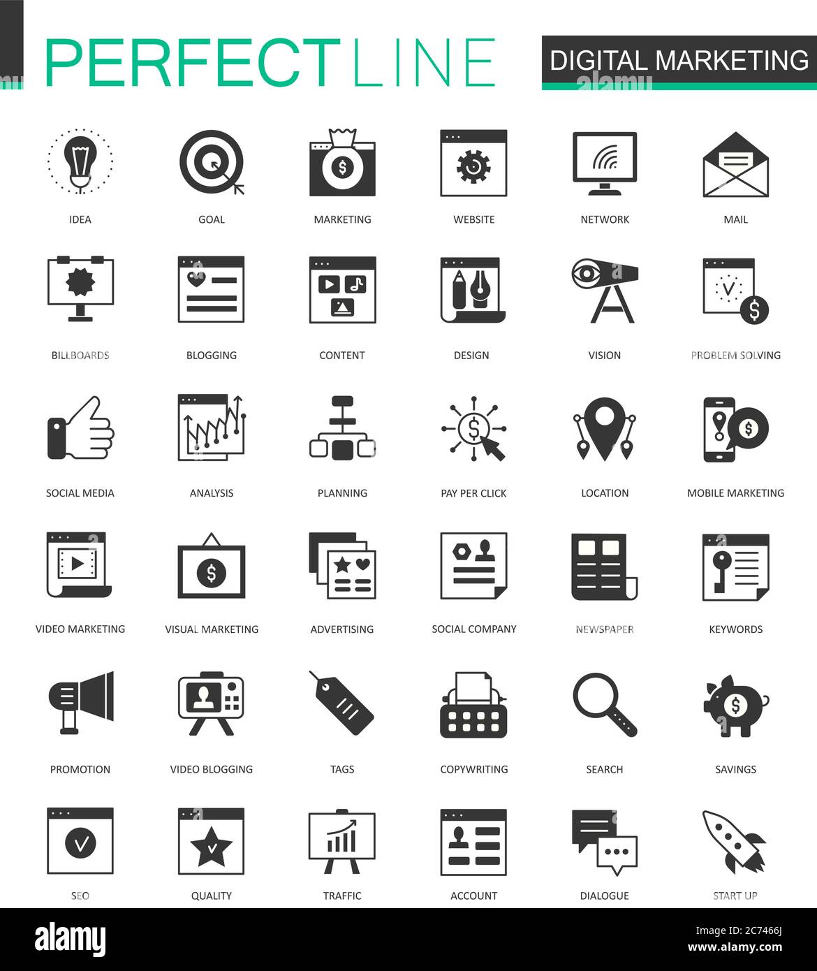 Icone nere classiche del Web di Digital Marketing isolate Illustrazione Vettoriale