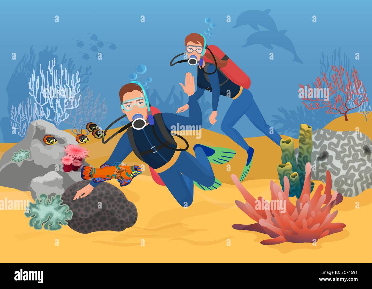 Illustrazione vettoriale del saluto dei subacquei mentre nuotano nella barriera corallina Illustrazione Vettoriale