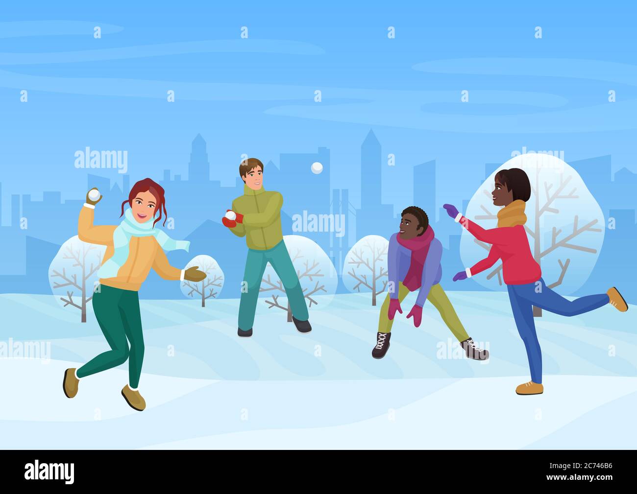 Il gruppo di amici che giocano le palle di neve fuori dell'illustrazione vettoriale Illustrazione Vettoriale