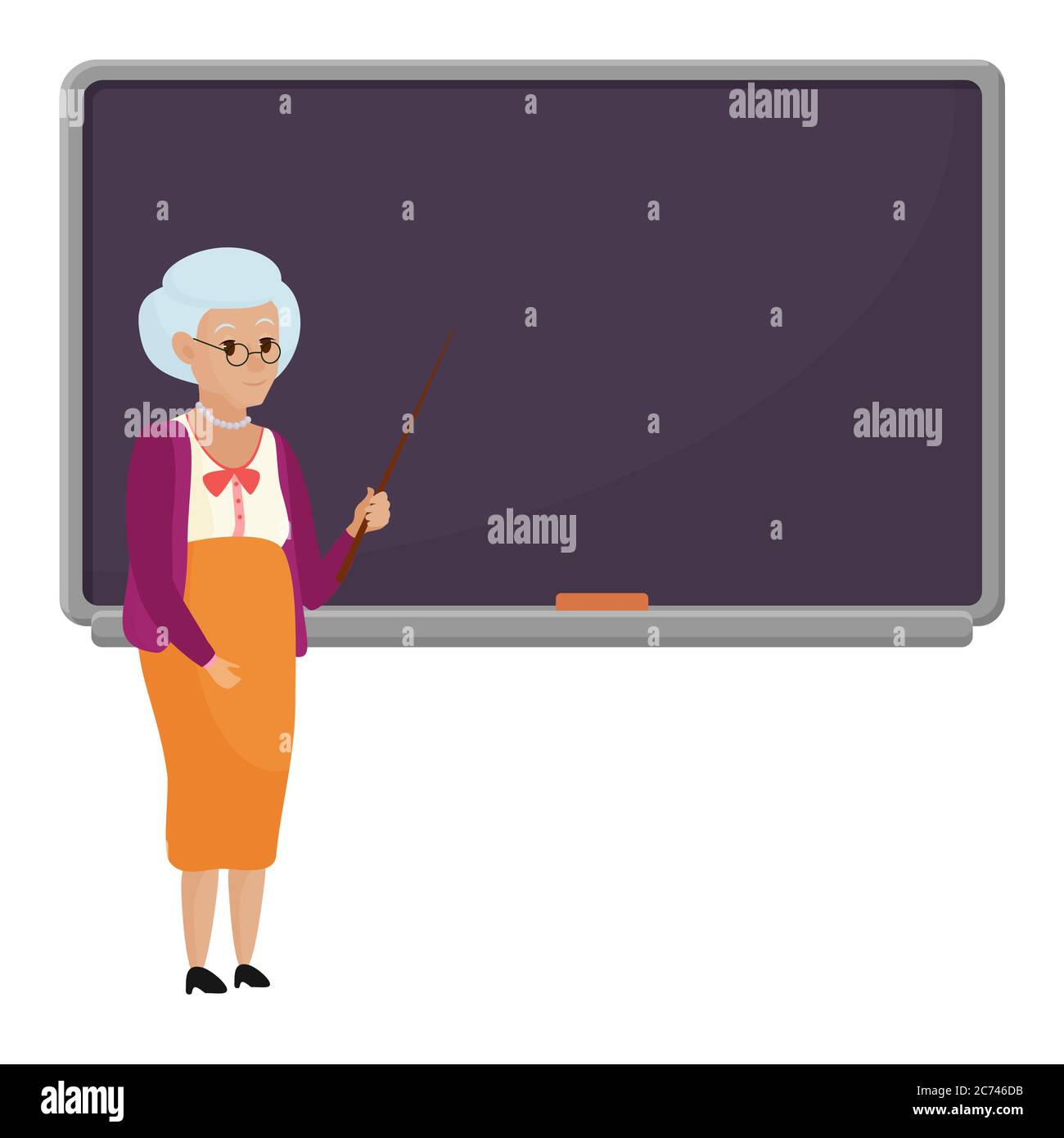Cartoon vecchia insegnante femminile in piedi di fronte a una lavagna bianca illustrazione vettoriale. Insegnante di nonna isolato Illustrazione Vettoriale