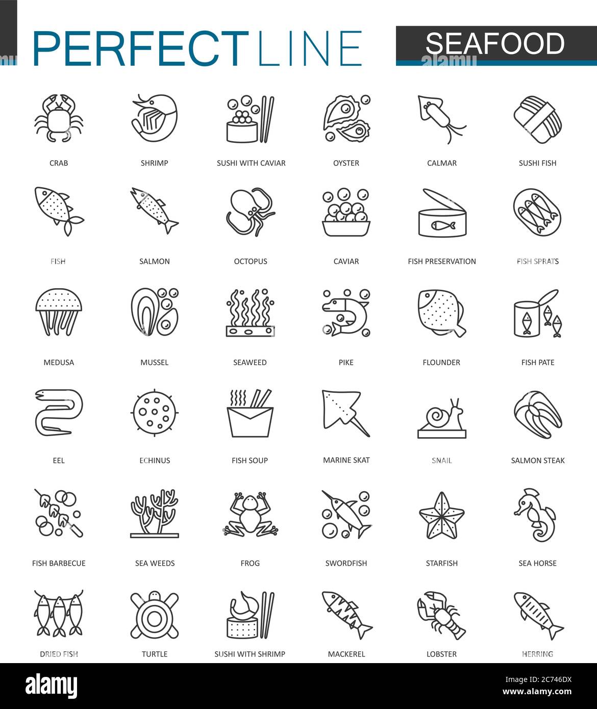 Set di icone di Web sottili di pesce. Pesce per il menu del ristorante contorno icone di colpo design Illustrazione Vettoriale