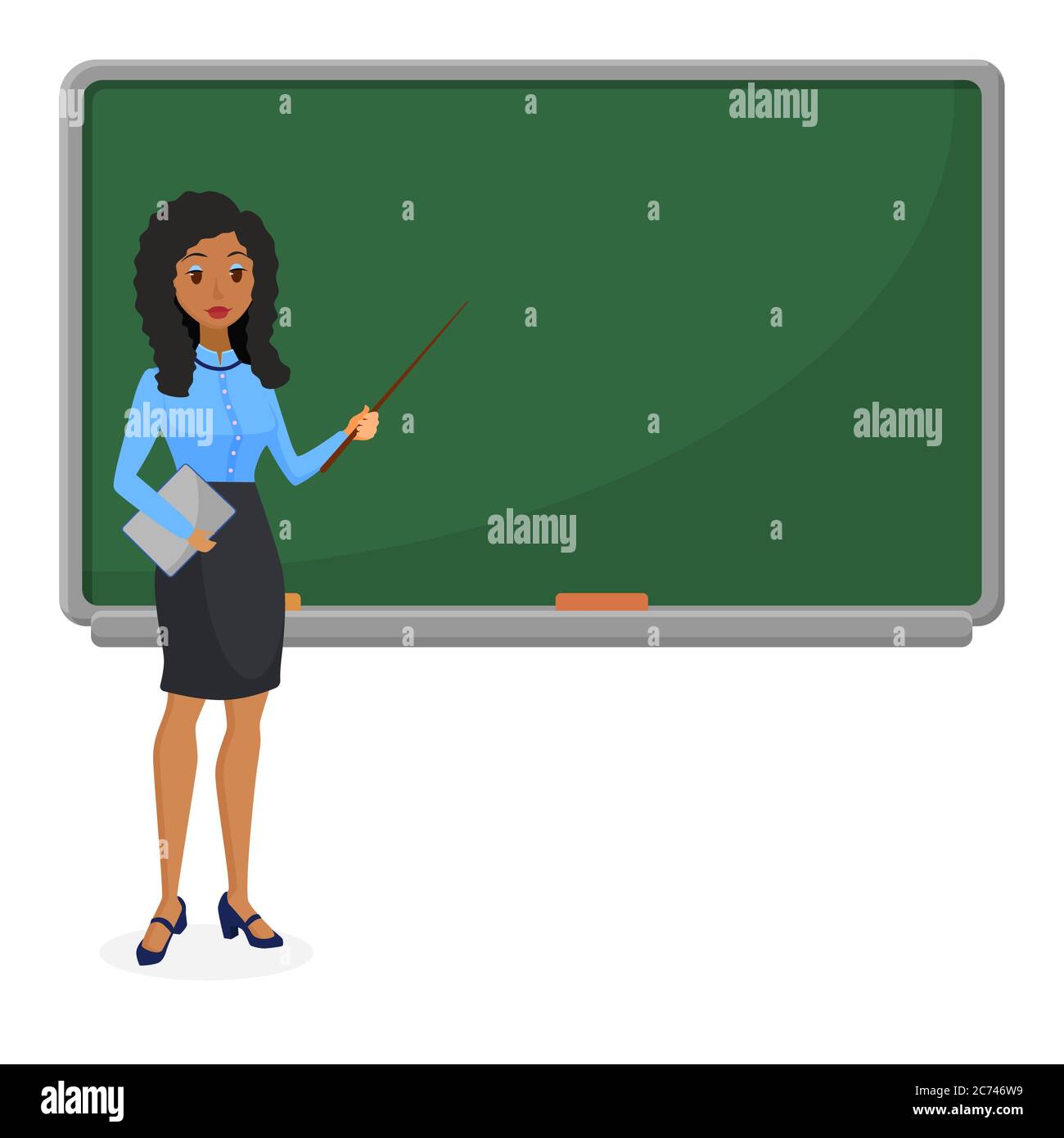 Insegnante di donna musulmana o brasiliana in piedi davanti a lavagna insegnando studente in classe a scuola, università o università. Design piatto di moda brasile o arabo carattere femminile Illustrazione Vettoriale