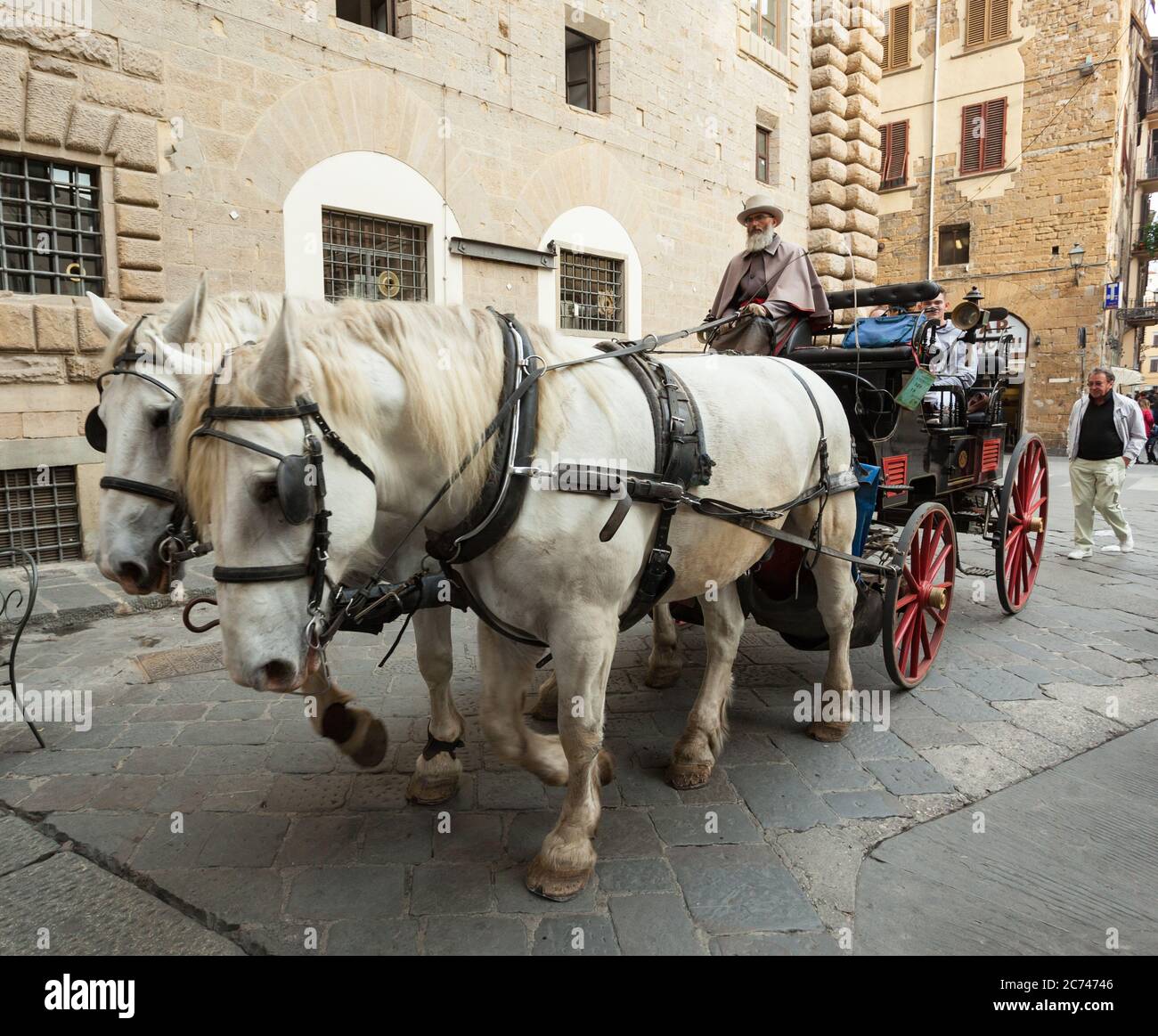 Firenze, Italia - 04 novembre 2017: Turisti in giro in carrozza nel centro turistico della città. Foto Stock