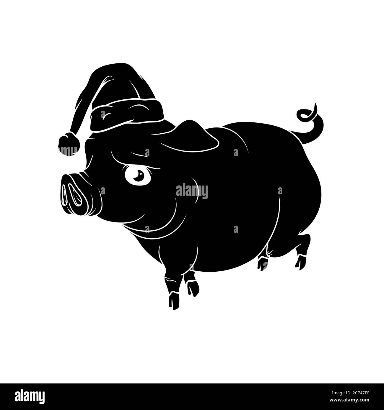 Maiale grasso con cappello Santas sulla testa, Capodanno 2019 Illustrazione Vettoriale