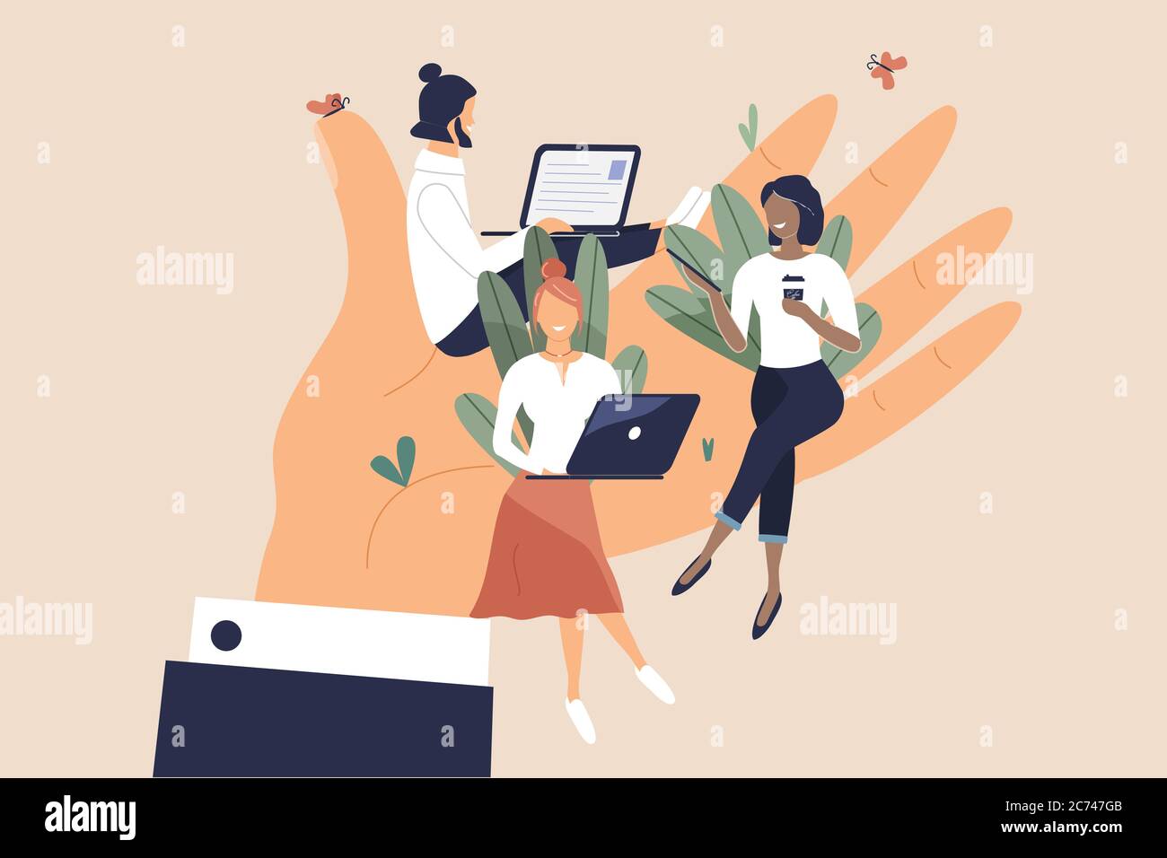 Piccoli lavoratori in ufficio seduti su una mano enorme. Concetto di buon ambiente confortevole sul lavoro, clima psicologico favorevole, retribuzione elevata e libertà di cre Illustrazione Vettoriale