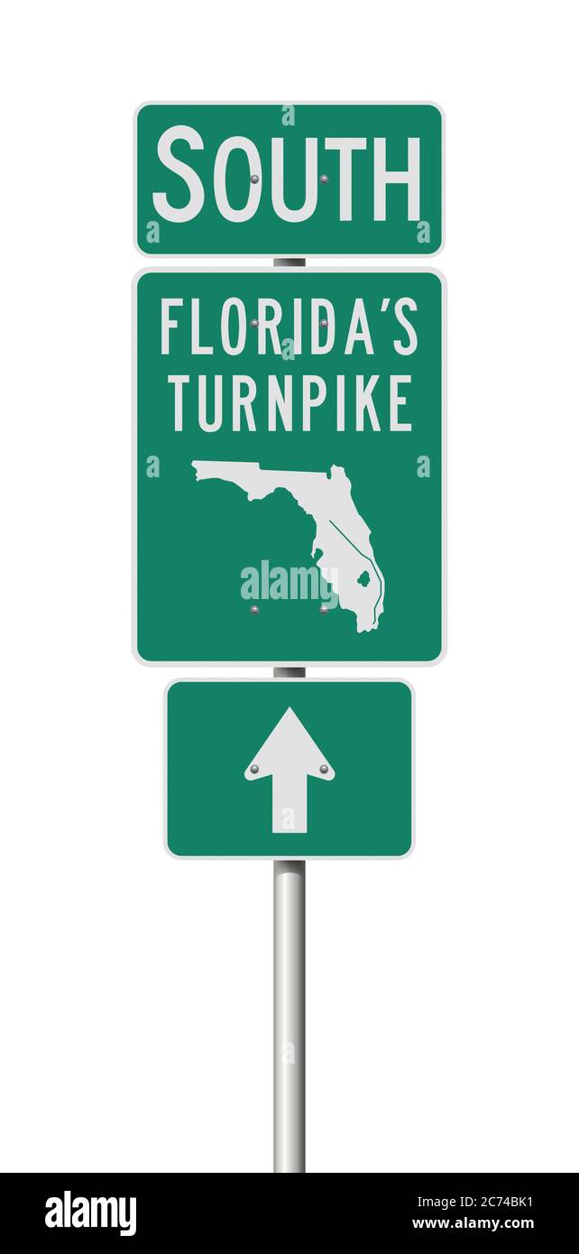 Illustrazione vettoriale dei cartelli verdi Turnpike della Florida su palo metallico Illustrazione Vettoriale