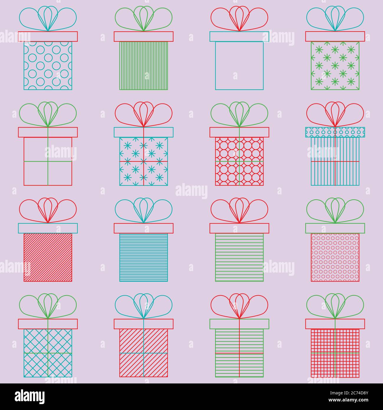 Set di confezioni regalo o regalo. Icona vettore contorno. Colori brillanti. Concetto di celebrazione. Ripetizione senza giunture Illustrazione Vettoriale