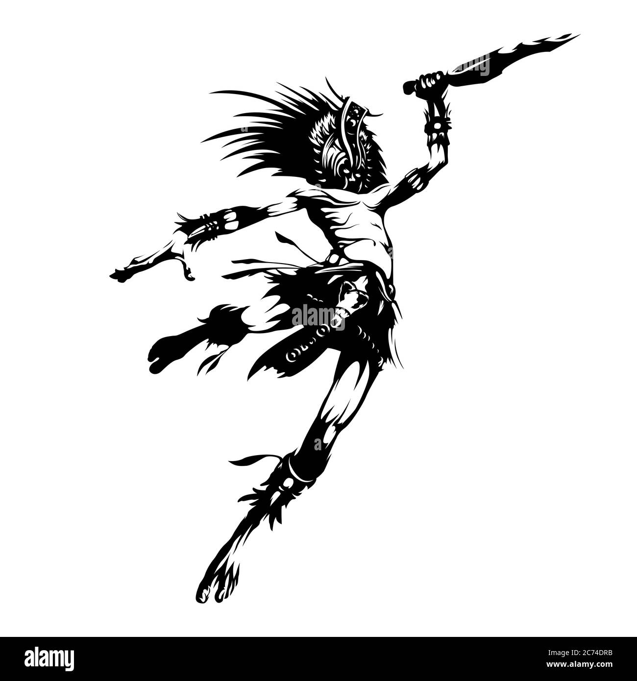 Un antico guerriero tribale stupefacente sta saltando sulla sua preda con un coltello Illustrazione Vettoriale