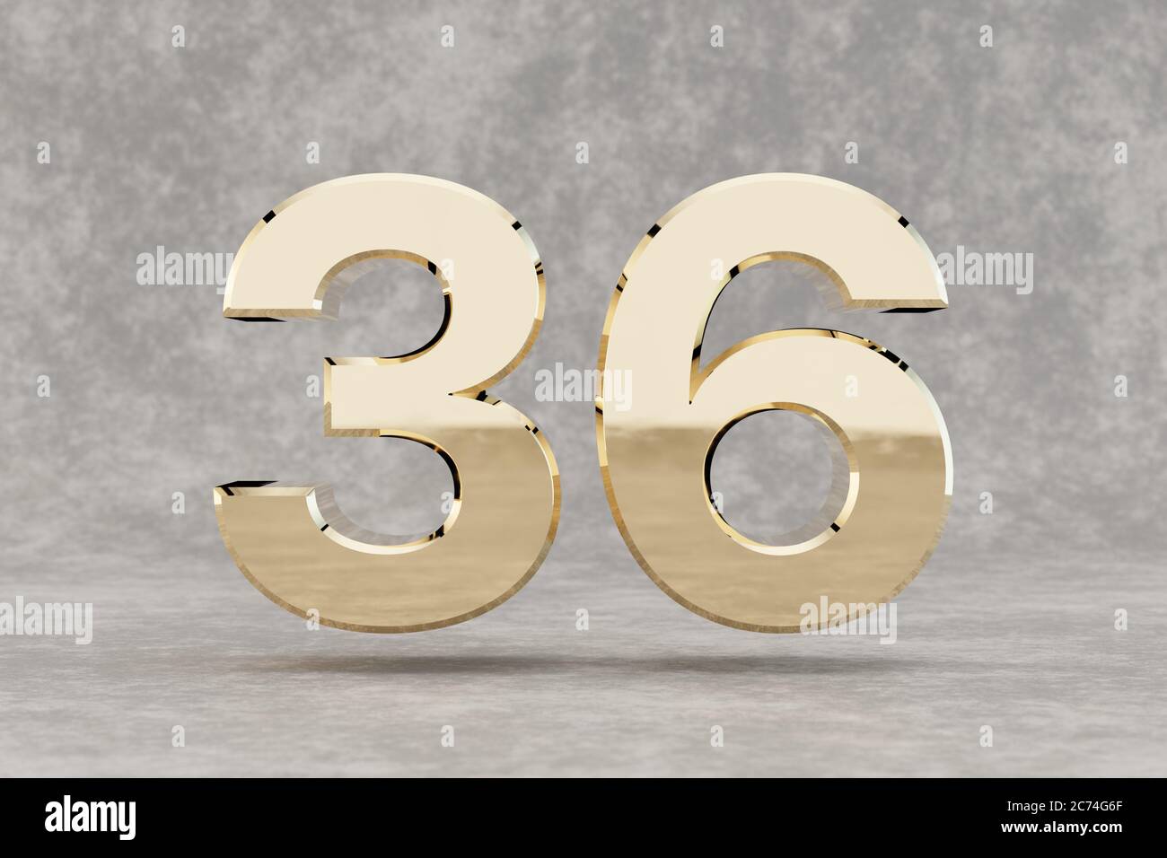 Gold 3d numero 36. Numero dorato lucido su fondo di cemento. Cifra metallica con riflessi luminosi da studio. rendering 3d. Foto Stock