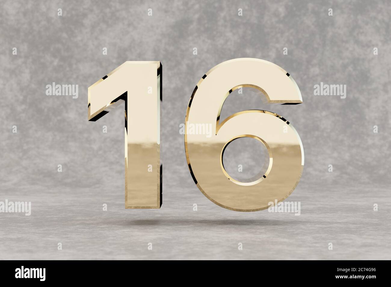 Gold 3d numero 16. Numero dorato lucido su fondo di cemento. Cifra metallica con riflessi luminosi da studio. rendering 3d. Foto Stock Gold 3d numero 16. Numero dorato lucido su fondo di cemento. Cifra metallica con riflessi luminosi da studio. rendering 3d. Foto Stock
