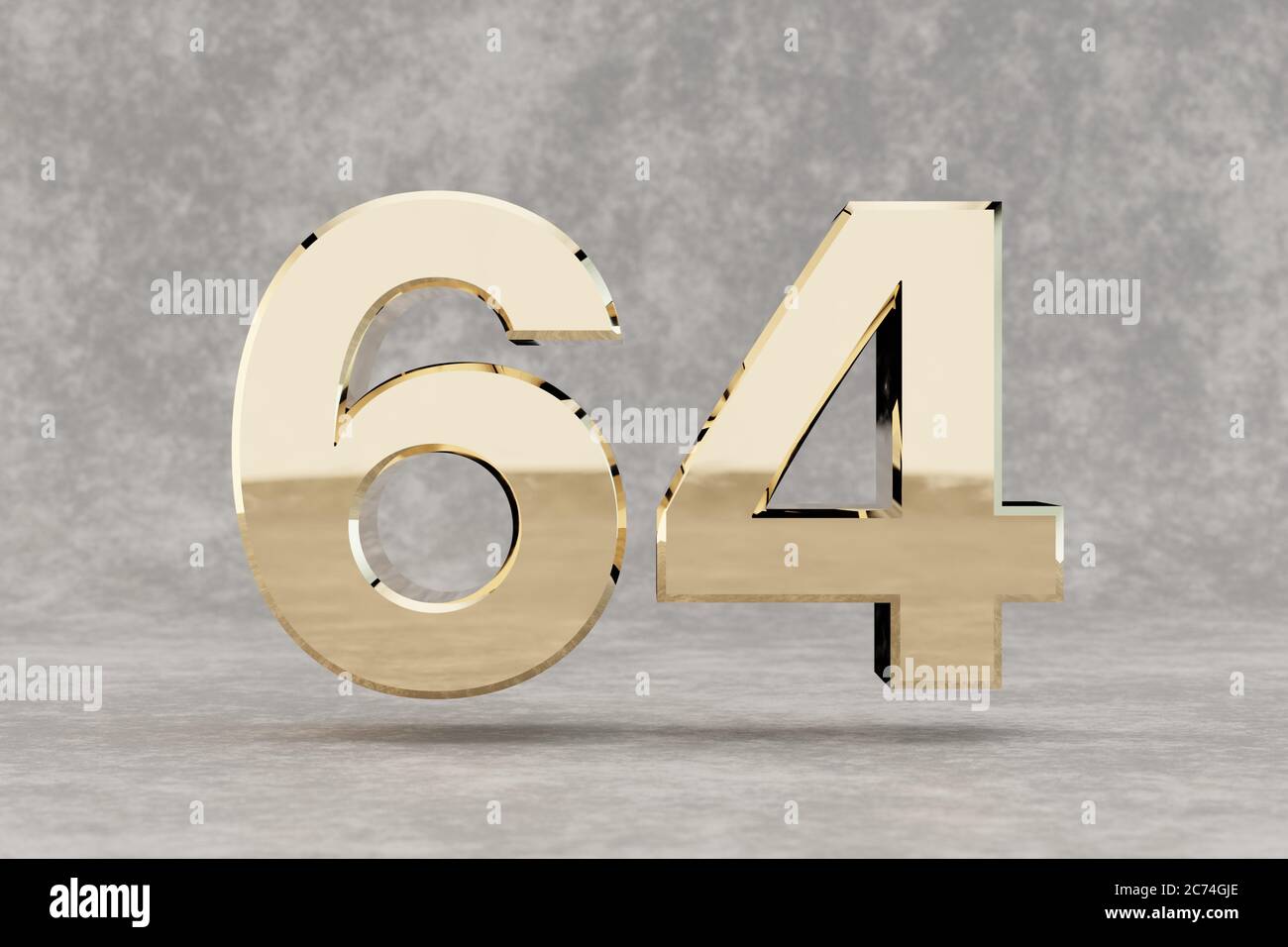 Gold 3d numero 64. Numero dorato lucido su fondo di cemento. Cifra metallica con riflessi luminosi da studio. rendering 3d. Foto Stock