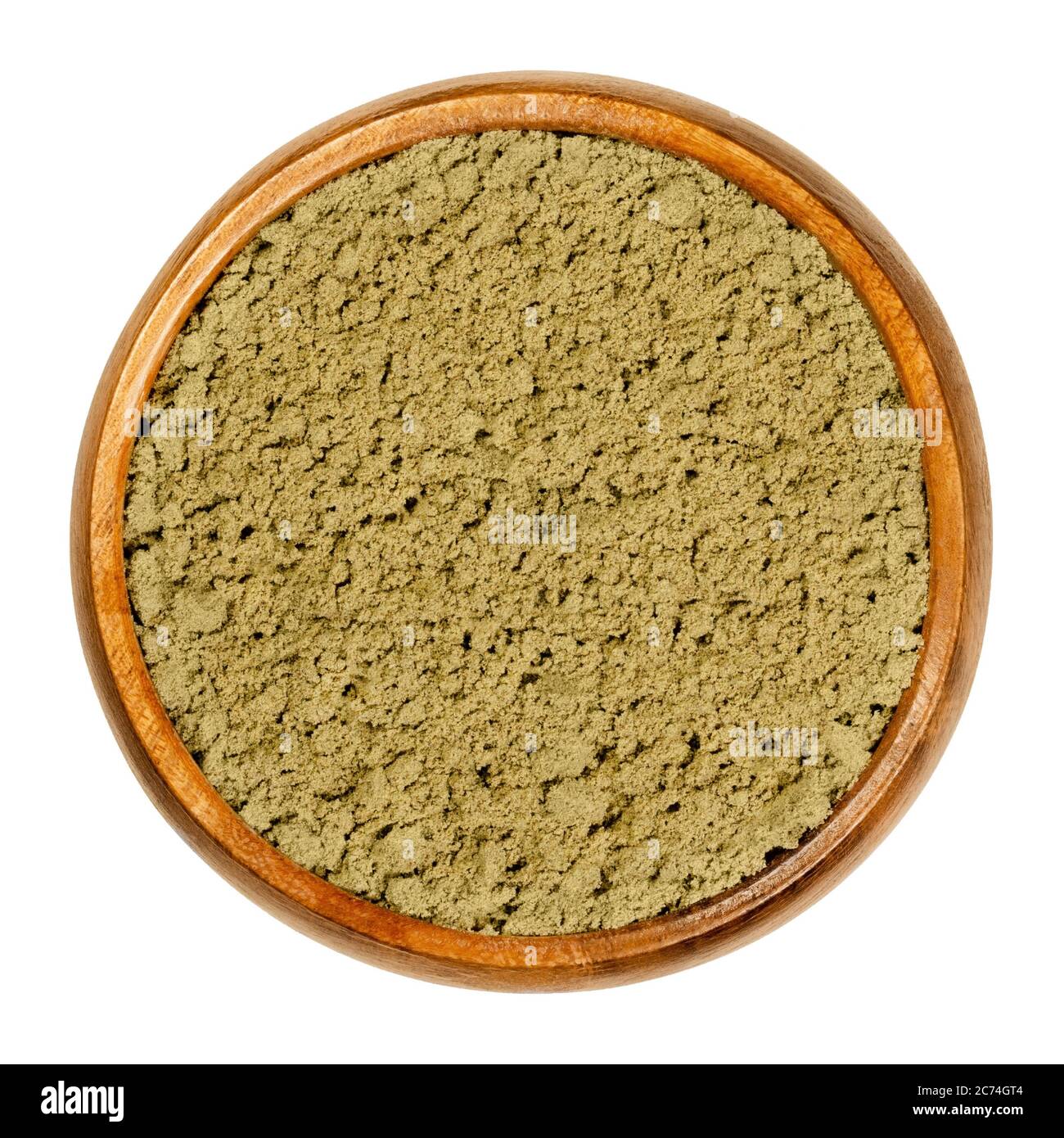 Polvere proteica di canapa in ciotola di legno. Semi macinati di Cannabis sativa. Cibo di supplemento dietetico senza glutine per gli atleti. Un'alternativa alla proteina del siero di latte. Foto Stock