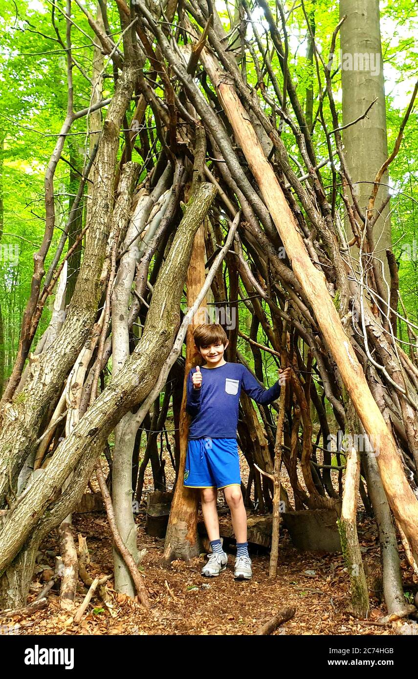 Faggio comune (Fagus sylvatica), ragazzino in una capanna fatta di tronchi e rami su un parco giochi forestale, Germania, Nord Reno-Westfalia Foto Stock