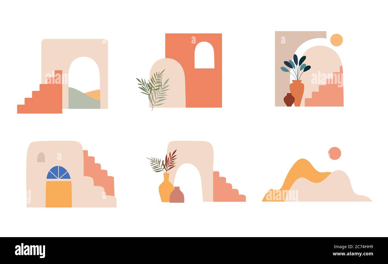 Architettura astratta, montagne, città e forme. Marocco, Messico, Medio Oriente. Elementi vettoriali e illustrazioni Illustrazione Vettoriale