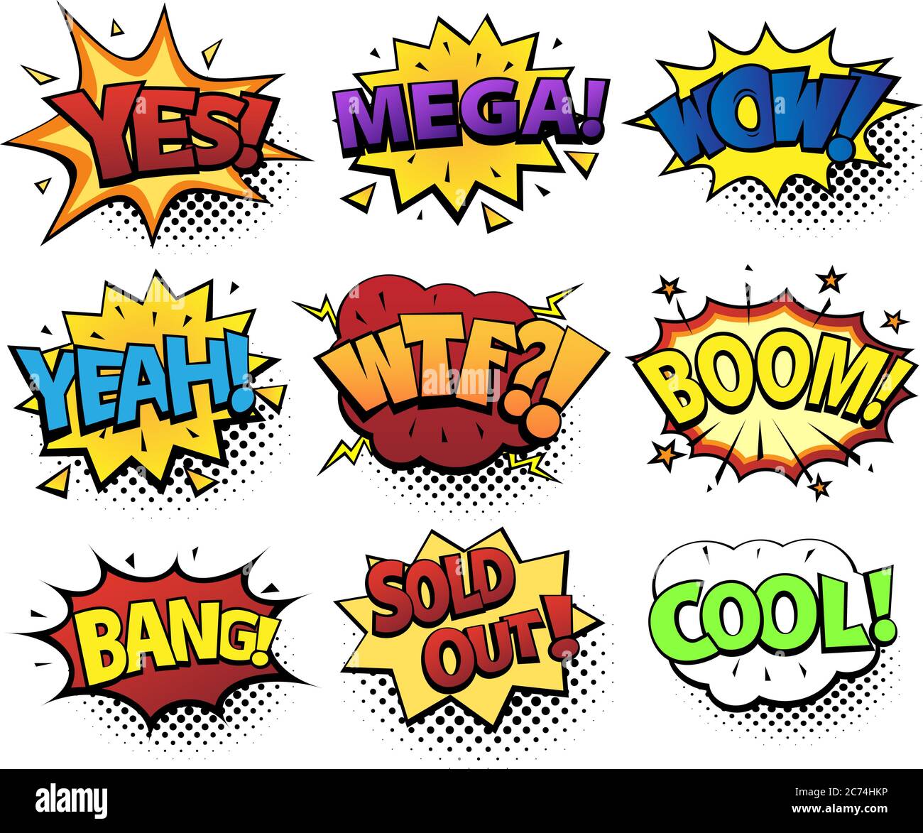 Fumetti bolle di discorso insieme con diverse emozioni e testo Sì, Mega, WoW, Yeah, WTF, Boom, Bang, esaurito, Cool. Illustrazione dinamica luminosa del cartone animato Foto Stock