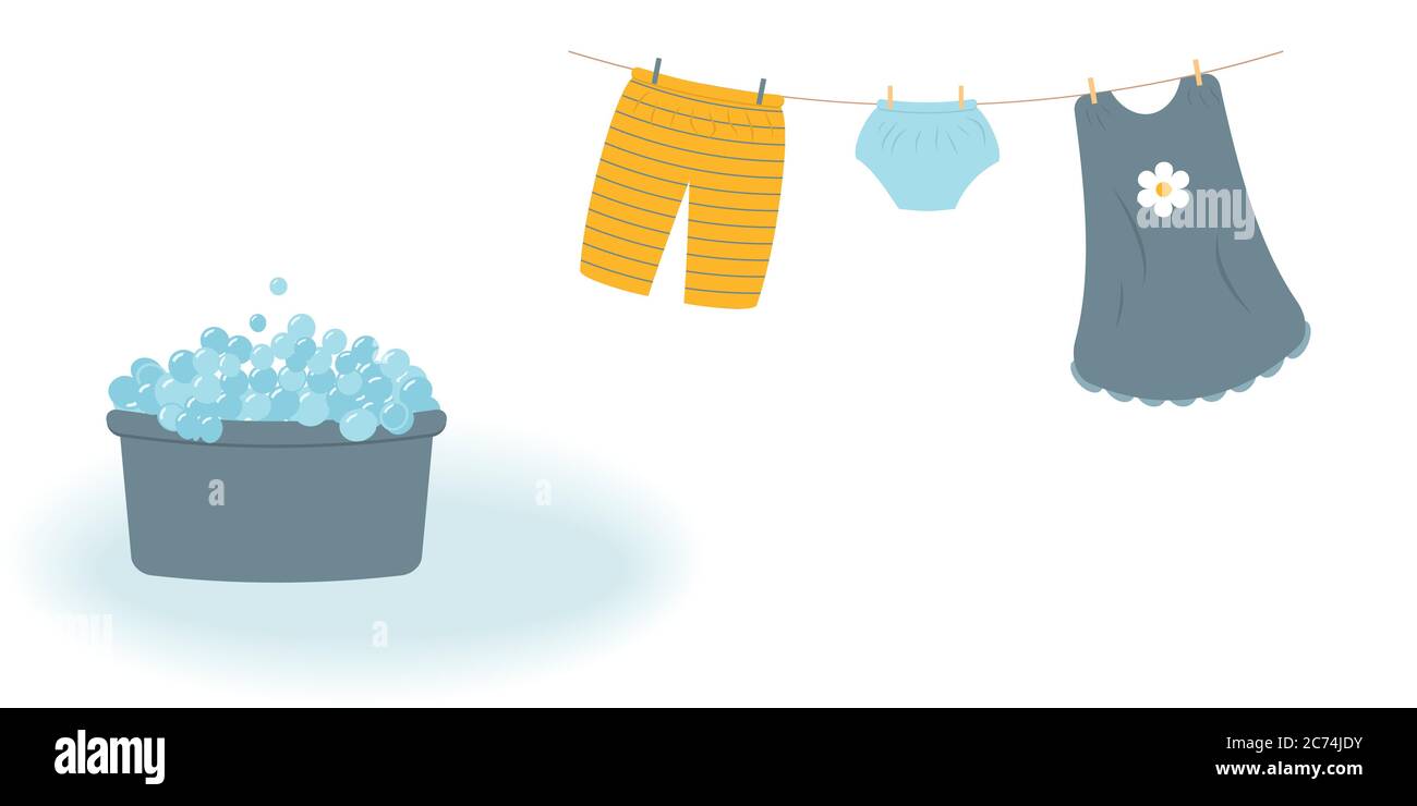 Lavaggio: Vestiti del bambino lavati i pantaloni carini di Capri, calze e vestiti appesi sulla clothesline e sono attaccati da clothespoins.Blue lavabo con sapone Illustrazione Vettoriale