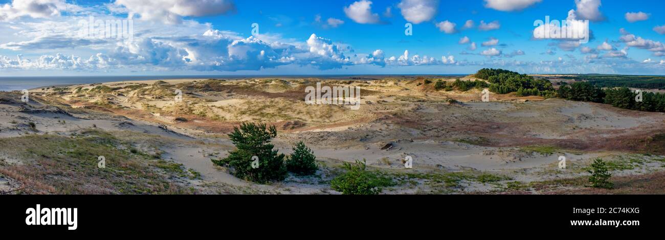 Vista panoramica delle dune di sabbia e del cielo blu in una mattina estiva. L'altezza della Duna Efa, Parco Nazionale dello Spit Curoniano, Russia Foto Stock