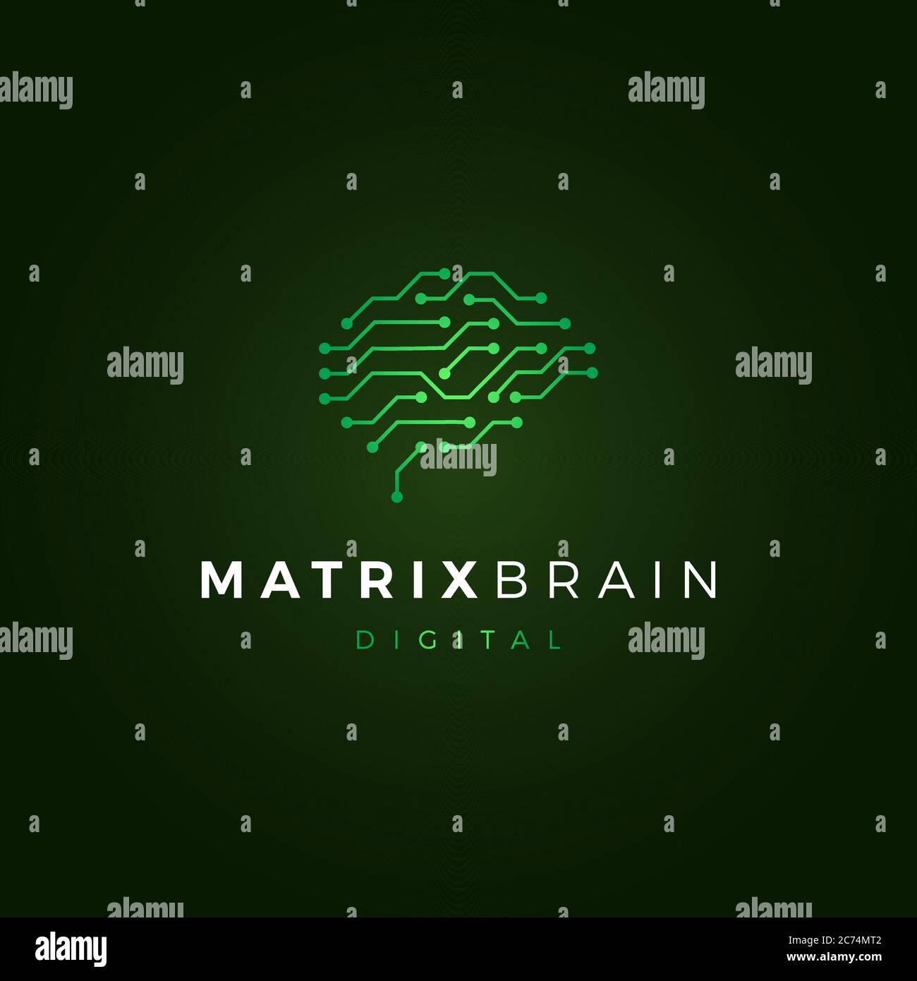 Cervello umano, microcircuito digitale astratto con linee e punti verdi, cervello matrice, illustrazione vettoriale su sfondo nero Illustrazione Vettoriale