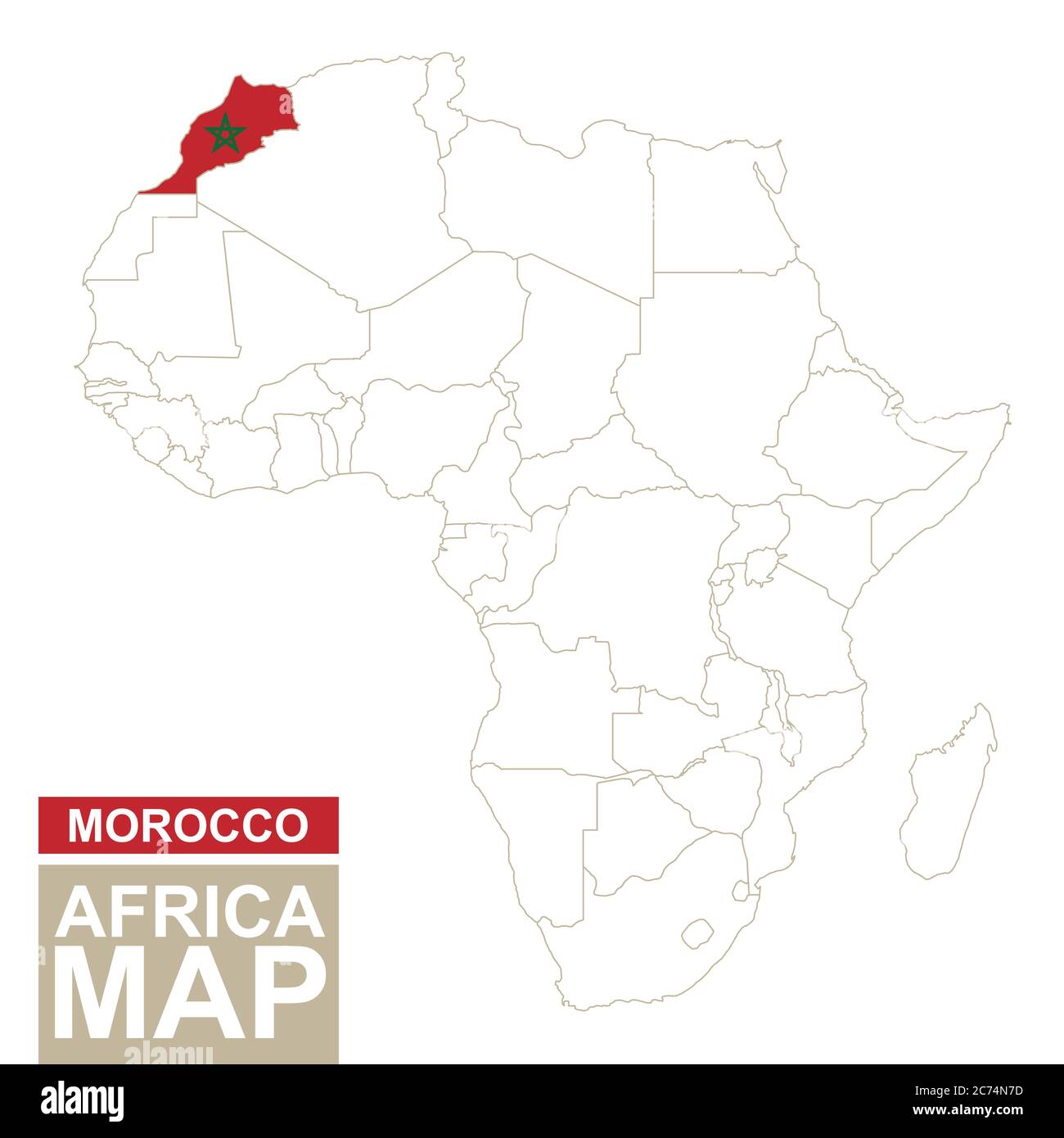 Africa ha contornato la mappa con evidenziato Marocco. Mappa e bandiera del Marocco sulla mappa dell'Africa. Illustrazione vettoriale. Illustrazione Vettoriale