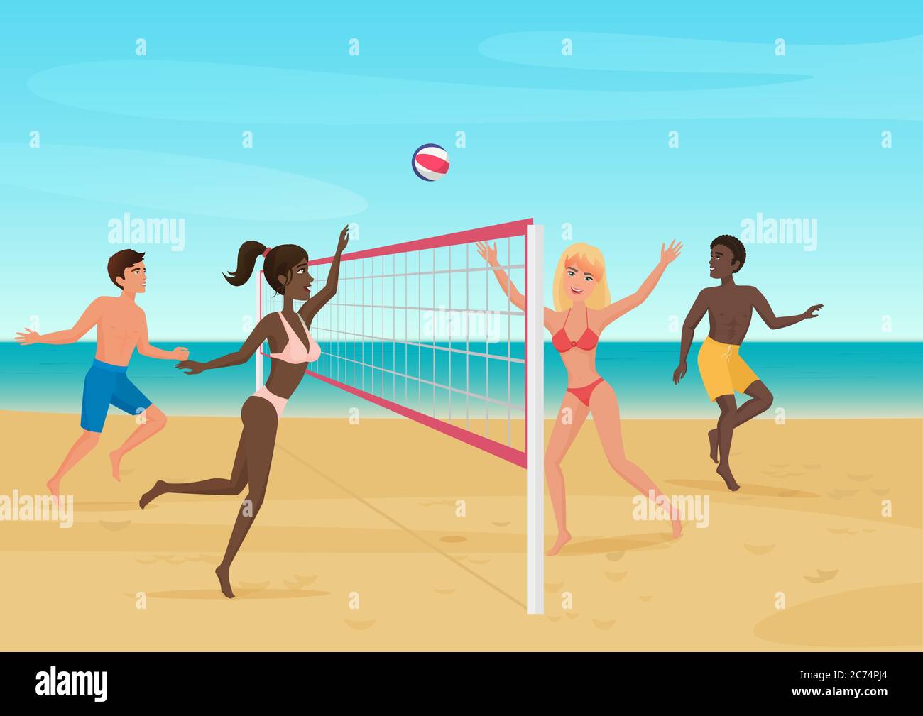 Persone che si divertono a giocare a pallavolo sulla spiaggia vettore illustrazione. Sport di mare attivo Illustrazione Vettoriale