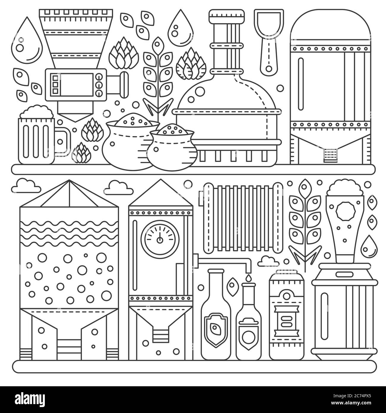 Processo di produzione della birra. Linea di fondo birra fabbrica. Intestazione illustrazione vettoriale stile lineare tratto di contorno Illustrazione Vettoriale