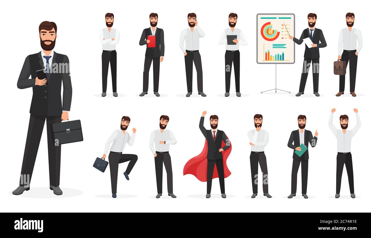 Insieme di carattere felice dell'uomo d'affari con le pose e le azioni differenti. Illustrazione vettoriale del fumetto costruttore Illustrazione Vettoriale