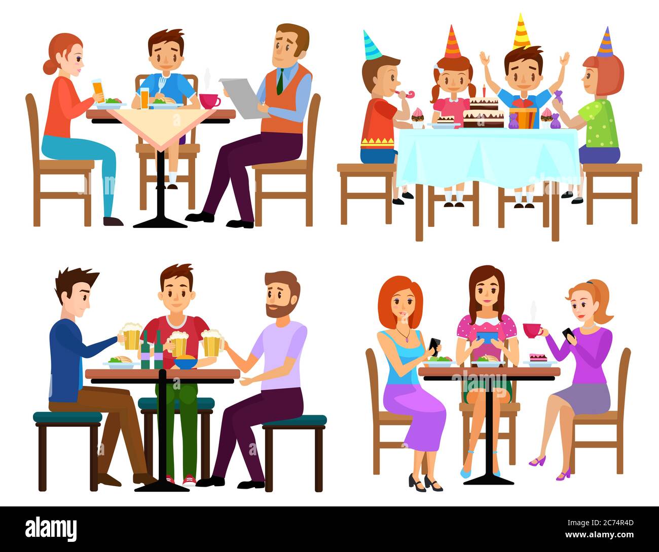 Mangiare adulti e bambini seduti al bar o al bar, illustrazione vettoriale isolata. Persone che mangiano Illustrazione Vettoriale