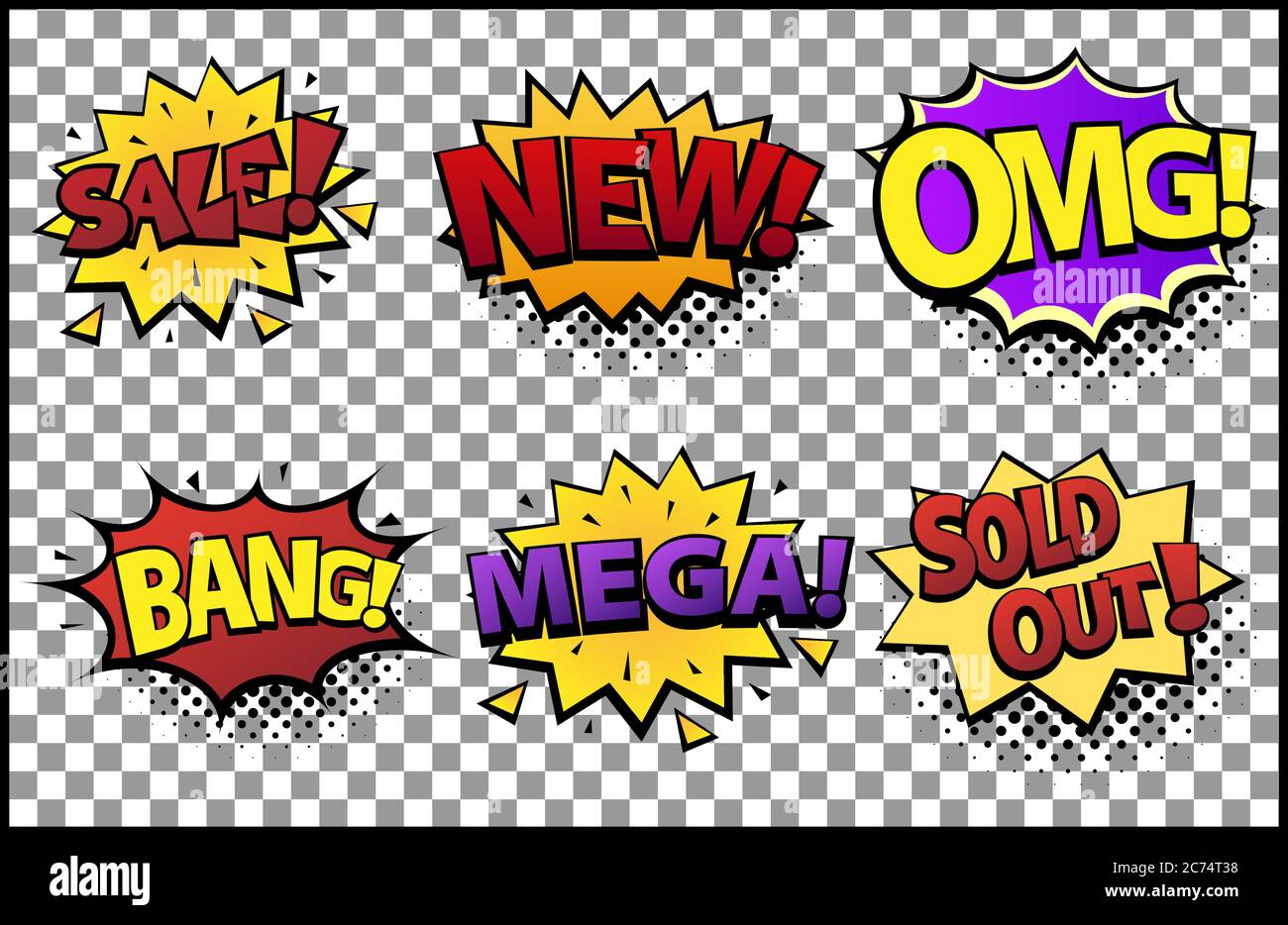 Fumetti bolle di discorso insieme con diverse emozioni e testo sale, New, OMG, Bang, Mega, esaurito . Vettoriale illustrazioni dinamiche fumettoriali in retrò Illustrazione Vettoriale