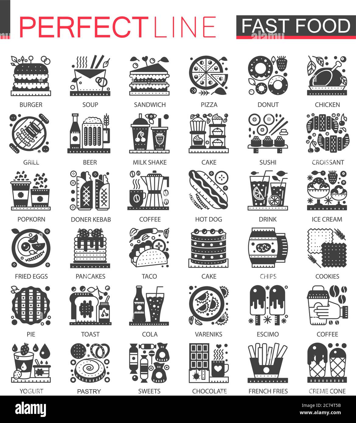 Simboli di concetto mini nero classico fast food. Set di illustrazioni vettoriali con pittogramma moderno Illustrazione Vettoriale