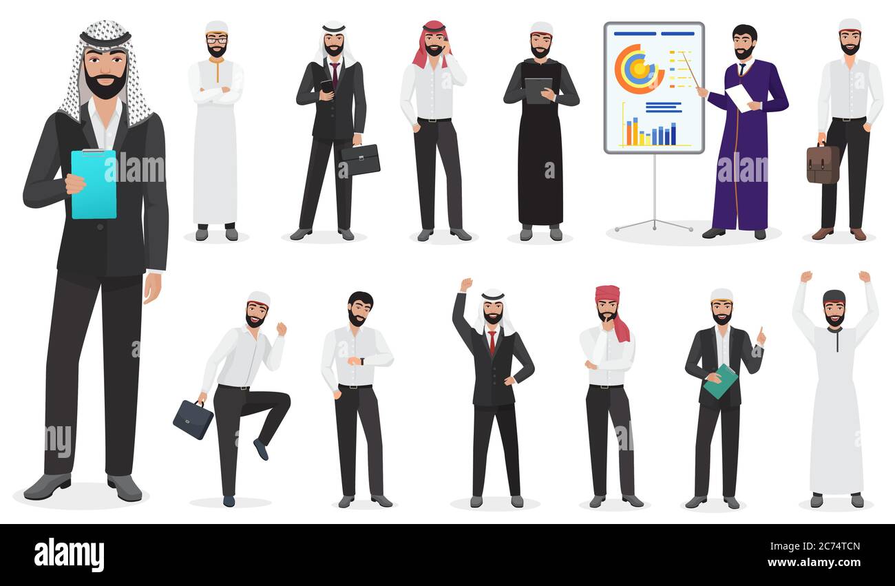 Il carattere arabo uomo d'affari pone. Posizioni maschili musulmane in vestito e illustrazione vettoriale tradizionale dei vestiti cartoon Illustrazione Vettoriale