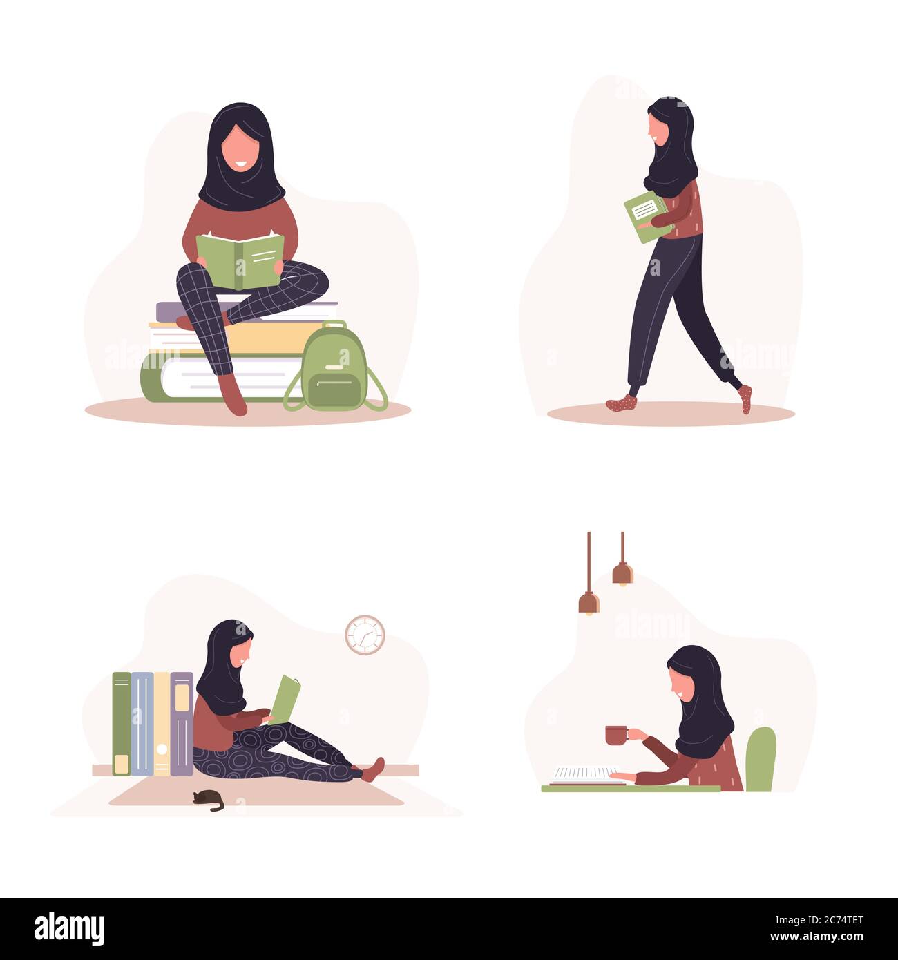 Amanti dei libri. Le donne arabe che leggono libri. Preparazione all'esame o alla certificazione. Concetto di biblioteca di conoscenza e di formazione, letteratura Illustrazione Vettoriale