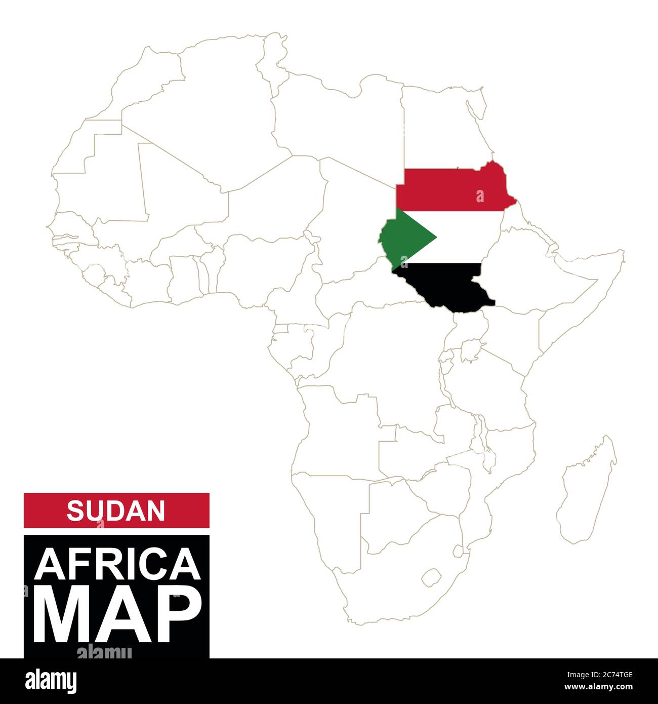 Africa ha contornato la mappa con il Sudan evidenziato. Mappa e bandiera del Sudan sulla mappa dell'Africa. Illustrazione vettoriale. Illustrazione Vettoriale