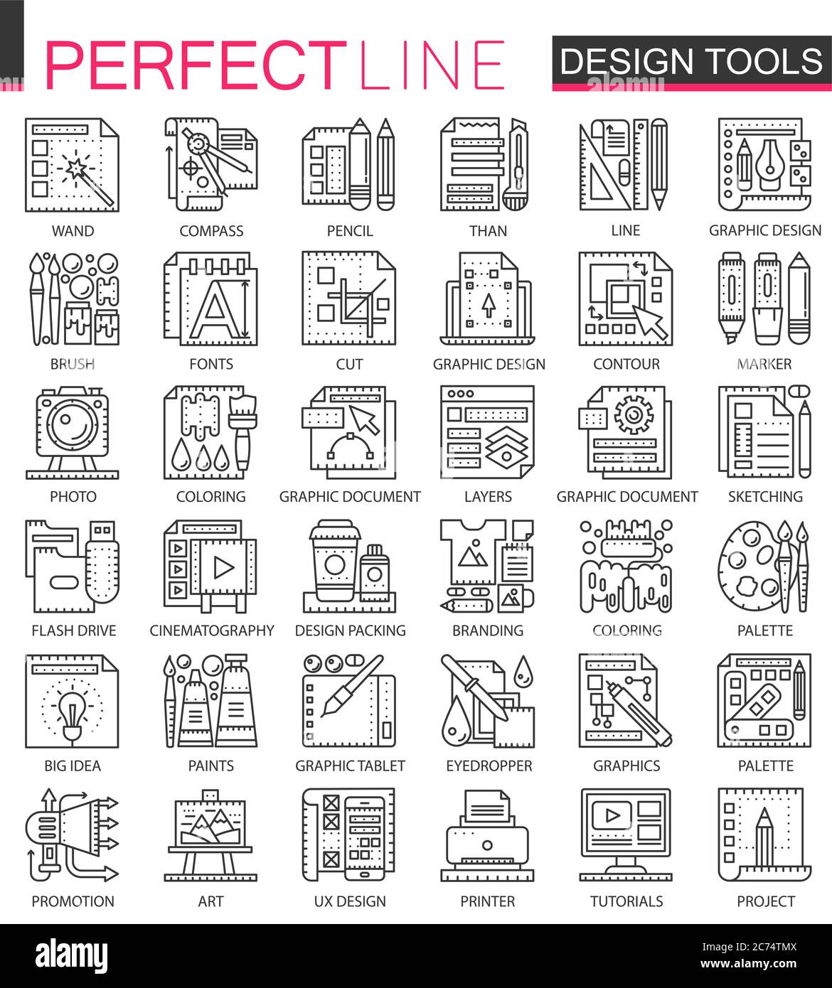 Gli strumenti di progettazione delineano i mini simboli concettuali. Strumenti di interfaccia grafica Set di illustrazioni di stile lineare a tratti moderno. Icone sottili perfette Illustrazione Vettoriale