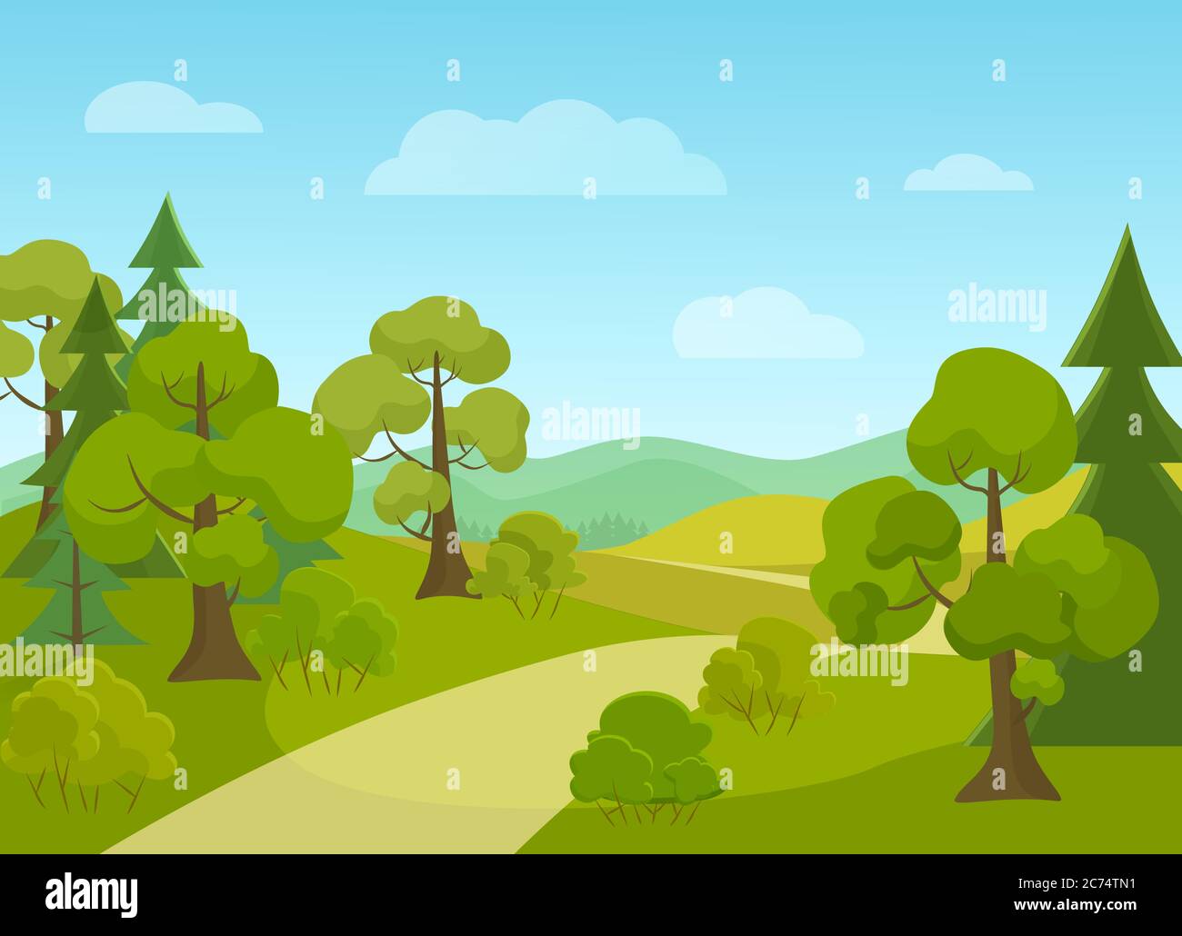 Paesaggio naturale con strada villaggio e alberi. Illustrazione vettoriale cartoon Illustrazione Vettoriale