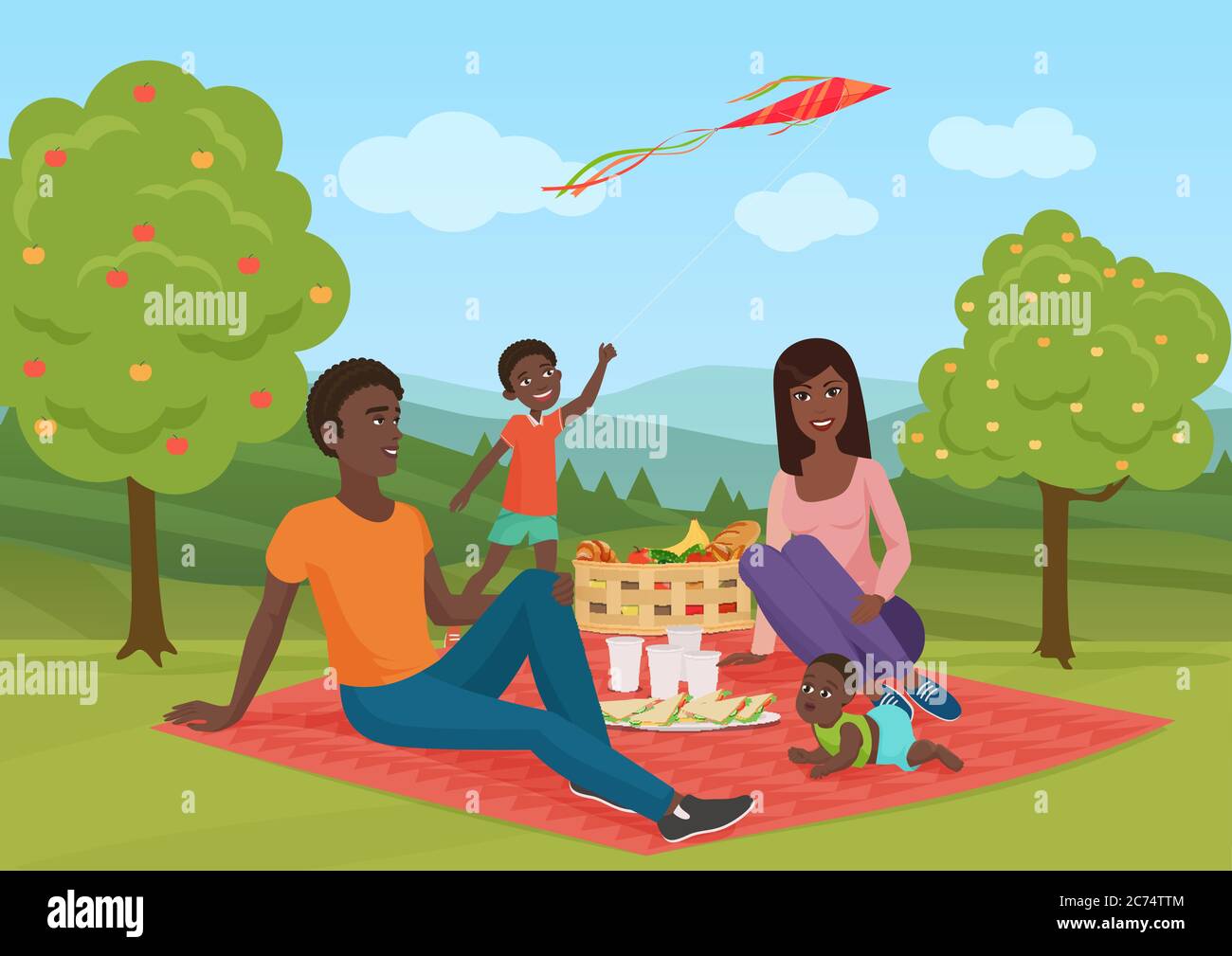 Felice giovane famiglia afroamericana con bambino in un picnic. Papà, mamma e figlio riposano in natura. Illustrazione di cartoni animati vettoriali Illustrazione Vettoriale