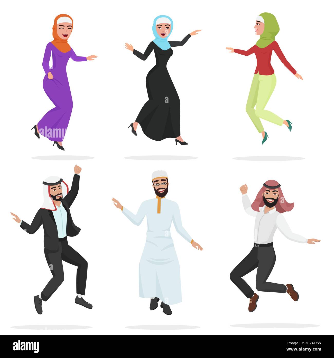 Felice gruppo di simpatici arabi che saltano. Fumetto salto musulmano uomo e donne personaggio illustrazione vettoriale Illustrazione Vettoriale